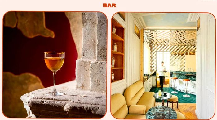 Two images of Cravan cocktail bar located in Saint-Germain-des-Prés, Paris.