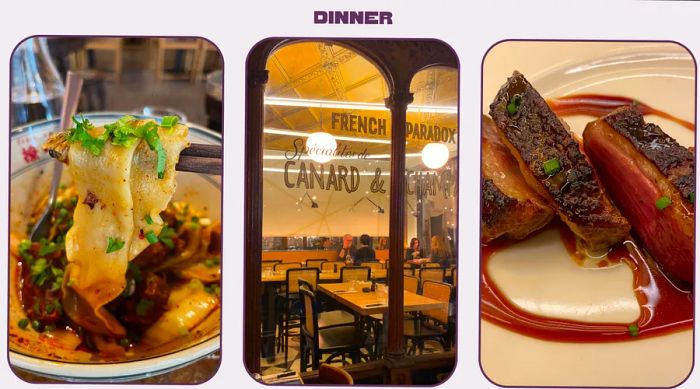 Tritych of dinner foods in Paris: L-R: Hand-pulled noodles at Mr Zhao; Exterior of Canard et Champagne; Duck at Canard et Champagne