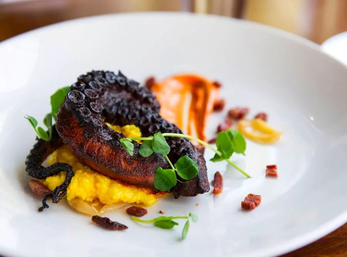 A blackened octopus leg elegantly presented atop a creamy puree.