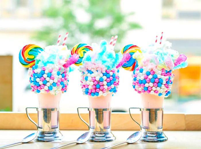 Vibrant rainbow bead shakes served in shiny silver cups.