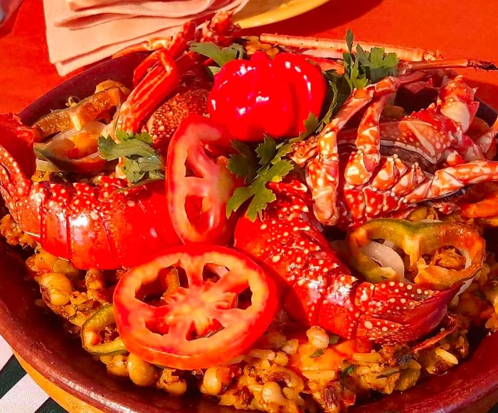 A vibrant platter showcasing large shrimp served over a hearty stew of beans and rice.