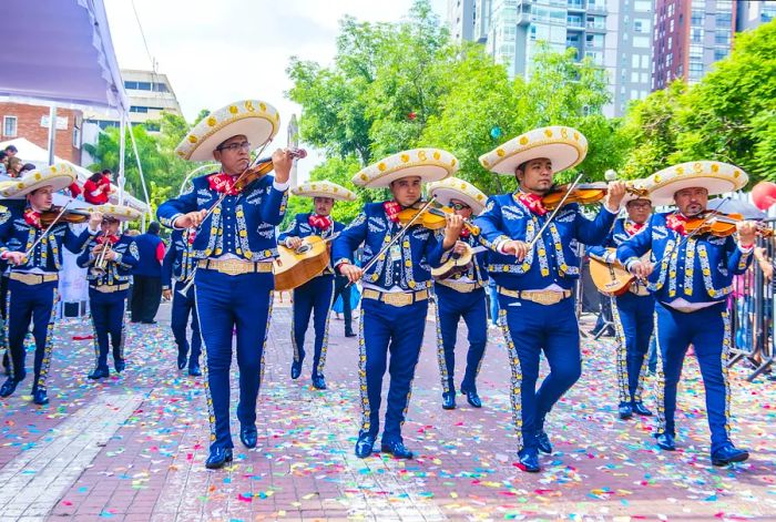 Musicians parade during the 23rd International Mariachi & Charros festival in Guadalajara, Mexico