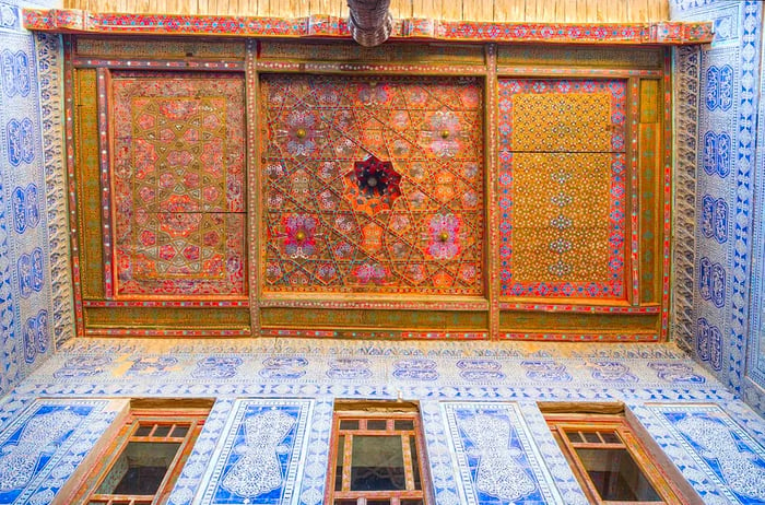 The ceiling of the Tosh Hovli Palace, located within the Ichon-Qala fortress in the historic town of Khiva, Uzbekistan