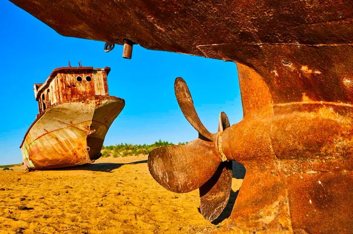 Rusting remains of two ships on parched land