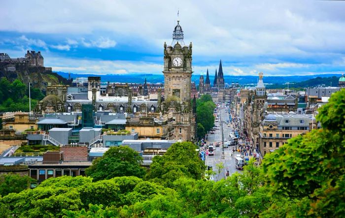 View of people and traffic on Princes Street near Edinburgh Castle, captured from Calton Hill.