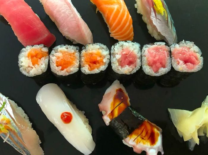 An overhead view of maki and nigiri arranged on a slate platter.