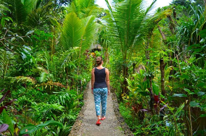 A woman strolls along a jungle boardwalk in Guatemala.