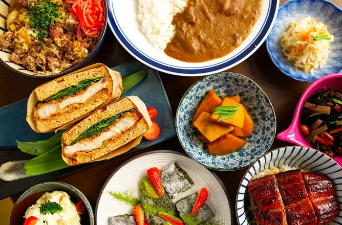 An overhead view of a table brimming with dishes, featuring a katsu sandwich, rice curry, pickled vegetables, eel, and a rice bowl topped with various ingredients.