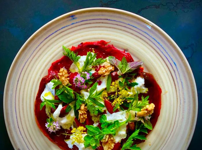 A vibrant ceramic bowl brimming with a striking deep red soup, garnished with an array of colorful vegetables.