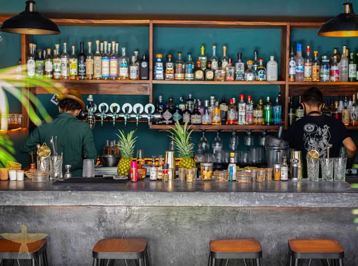 A bartender skillfully works behind a back bar lined with bottles and ingredients, framed by large palm fronds and a sleek dark gray bar.