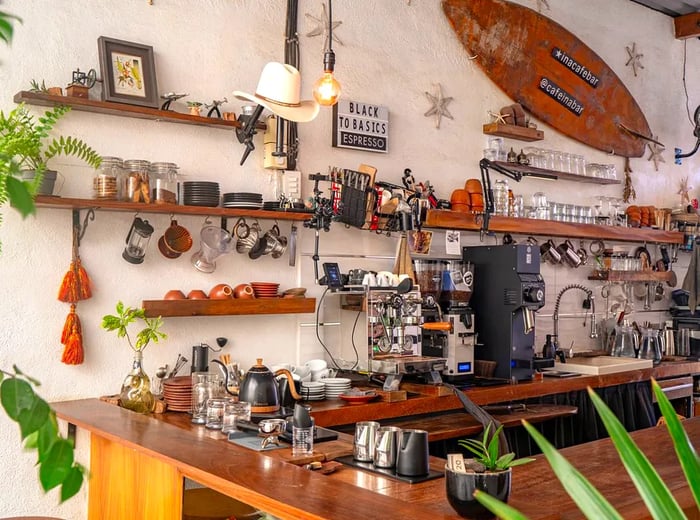 A coffee bar adorned with plants and a surfboard.