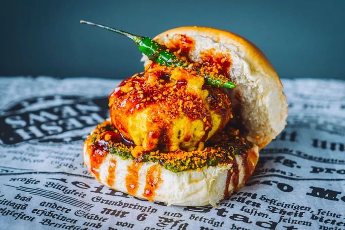 A vada pav sandwich brimming with sauce and toppings, garnished with a green chili, displayed on a piece of newspaper.