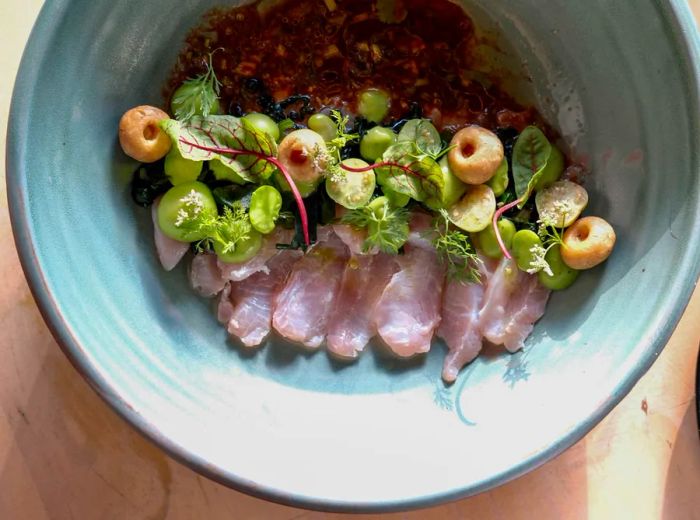 A beautifully arranged plate featuring sliced fish garnished with sauce dots and microgreens.