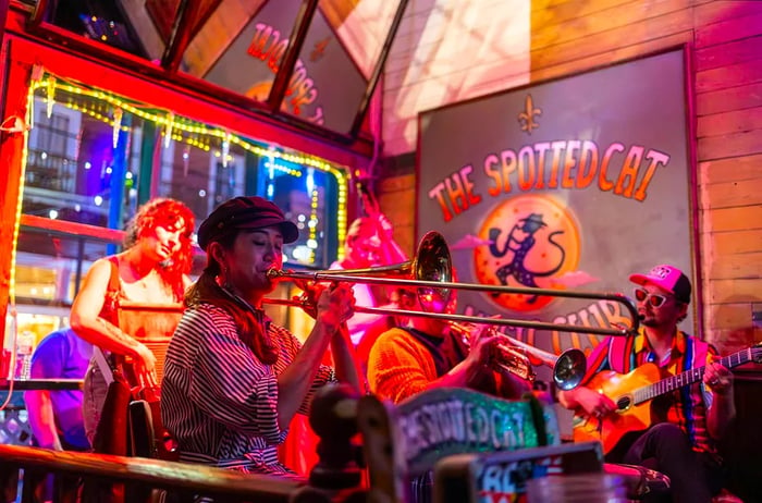 A lively band performs at a local bar in NOLA during a spring night, with high energy radiating through the crowd.