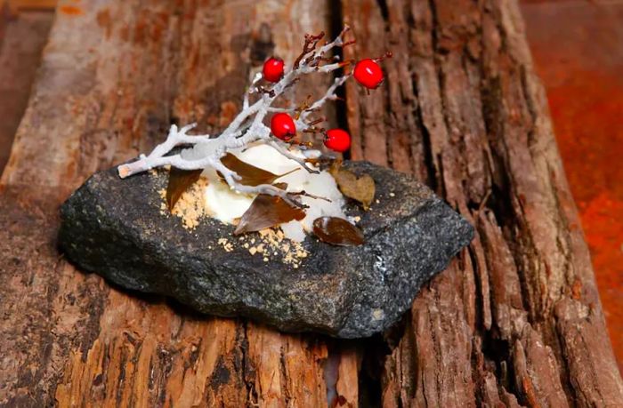 A dish that resembles a rock adorned with a twig, dusted with snow and leaves, accompanied by vibrant berries, all presented on a rustic wooden board.