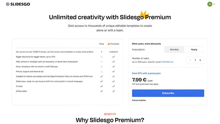 Bảng giá gói sử dụng Slidesgo mới nhất