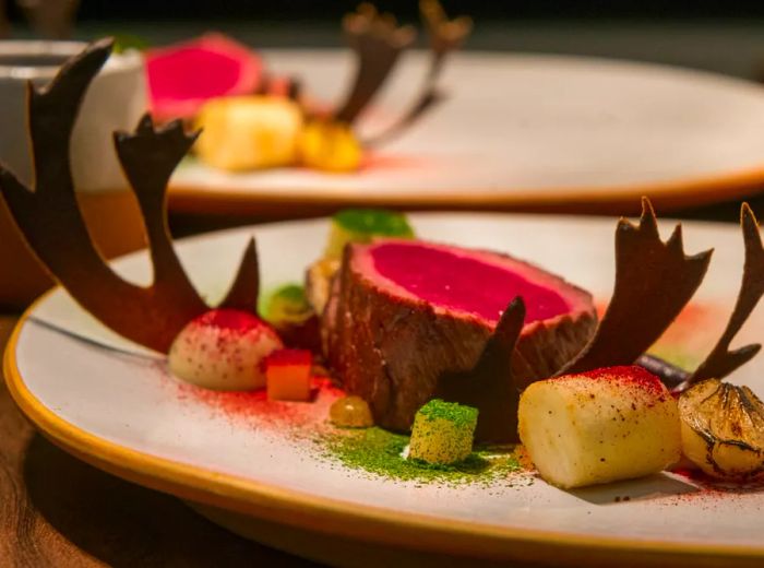 A beautifully arranged plate of venison, adorned with edible horns surrounding a chunk of meat, complemented by small vegetables and a sprinkle of spice powder.