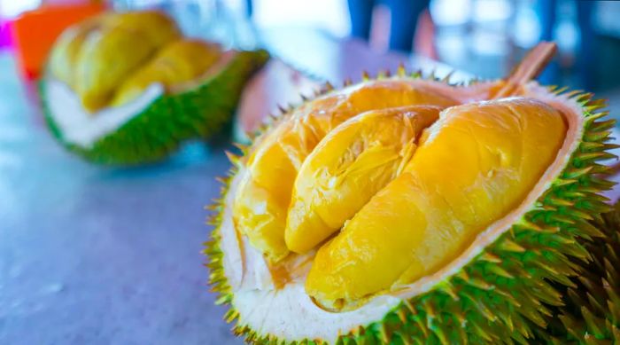 Fresh durian fruit opened up in Georgetown, Malaysia