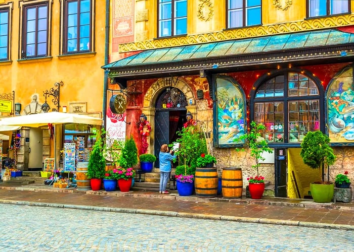 Vibrant storefront in Warsaw's old town.