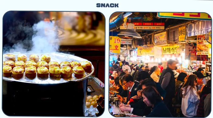 L: Steamed egg bread. R: Diners enjoying meals at a Korean food market