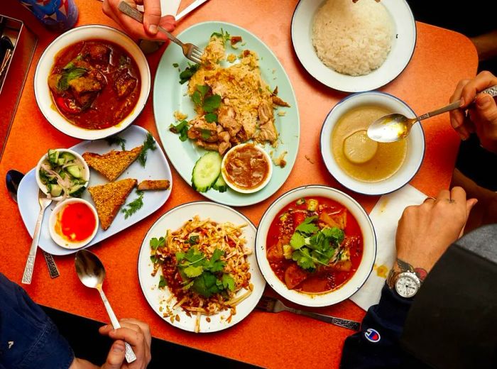 An aerial shot of diners enjoying dinner.