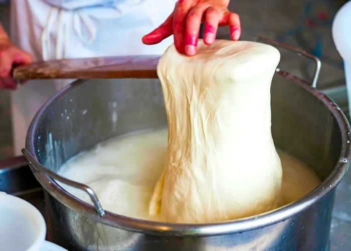 A cheese factory worker crafting mozzarella. Selective focus