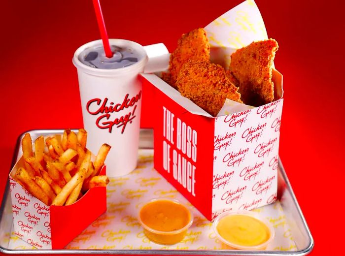 A metal tray showcasing a variety of items: a large branded box of chicken tenders, a branded paper cup of soda, a box of fries, and assorted dipping sauces.