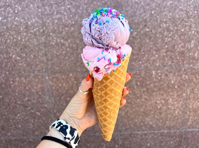 A hand grasps a cone of vibrant purple ice cream adorned with sprinkles.