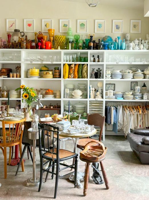 A cafe table adorned with porcelain, set against a backdrop of shelves filled with home goods, including stacks of plates, decorative pillows, and glassware.