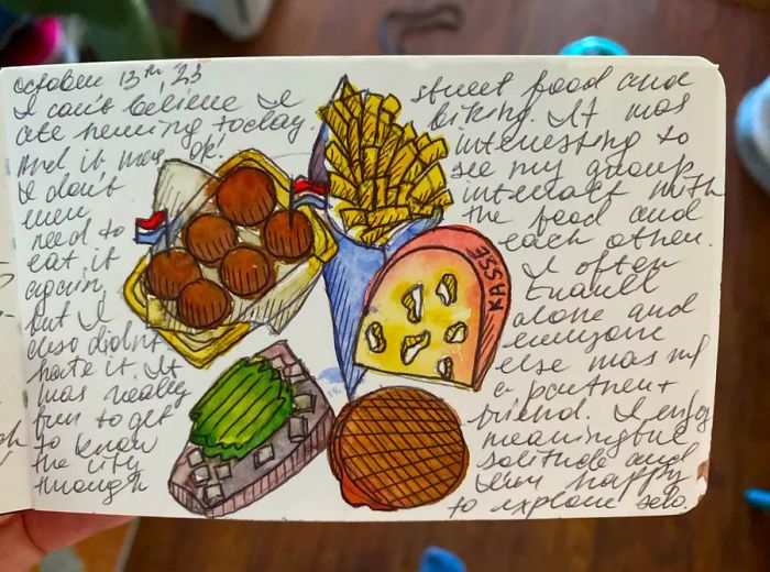 A handwritten journal entry detailing culinary experiences during travel, accompanied by illustrations of various food items.