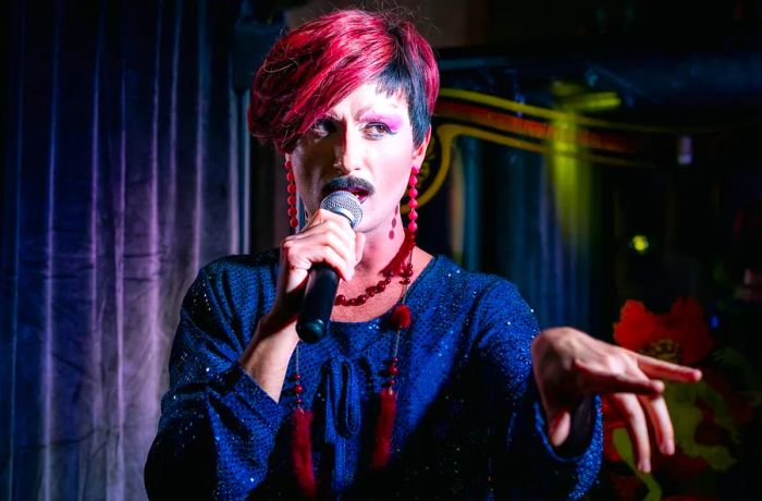 A drag performer addresses the audience into a microphone while gesturing toward something off-screen.