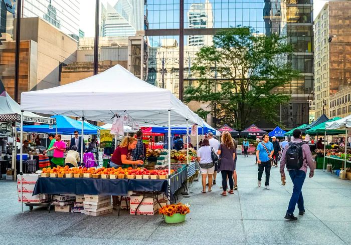 A bustling crowd explores the Chicago farmers market at Daley Plaza on a summer morning.