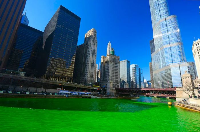 The Chicago River is transformed into a vibrant green for St. Patrick's Day.