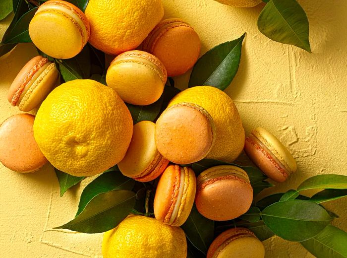 Tan macarons displayed alongside whole yuzu fruits and leaves.