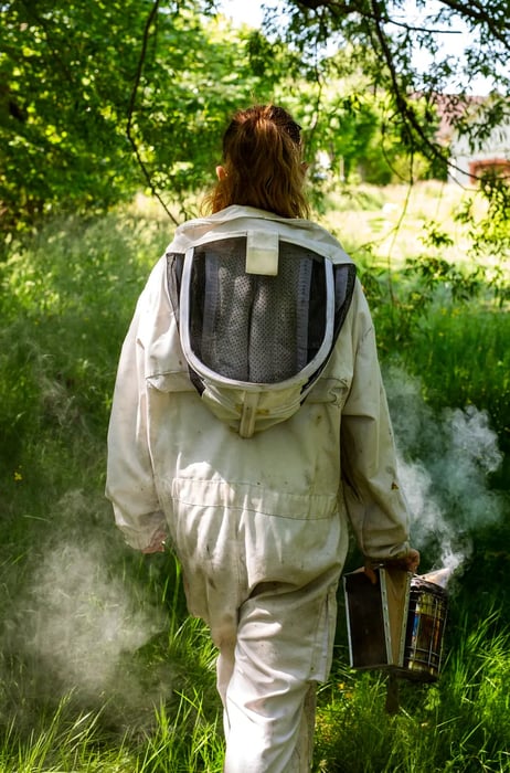 A person walking away from the camera in a beekeeping suit.