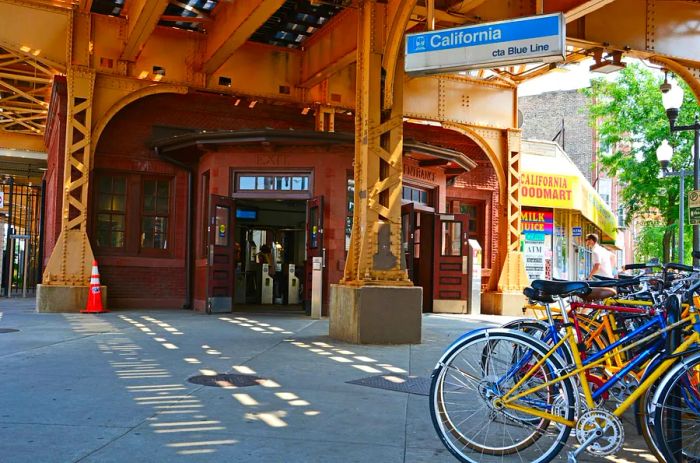 Bicycles left parked outside the California L Train Station on Chicago's Blue Line in the Logan Square area