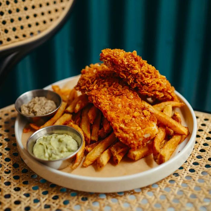 Crispy fried fish accompanied by French fries and a selection of dipping sauces.