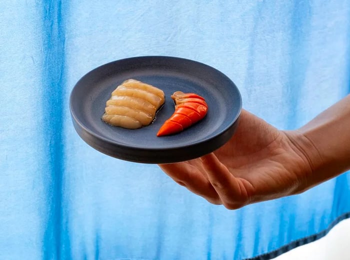 A hand presents a beautifully plated seafood dish.