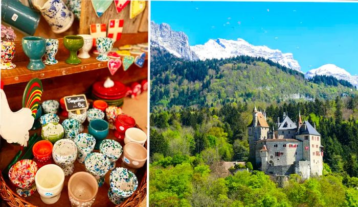 Left: Pottery at Le Tetras, Right: The Château de Menthon-Saint-Bernard surrounded by lush forests and paragliders in the sky.