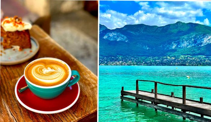 Left: Coffee from Café Bunna Annecy, Right: Pier at Le Poisson Rouge.