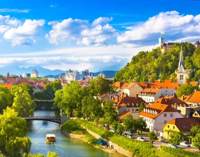 A view over Ljubljana's rooftops and the picturesque Ljubljanica River.