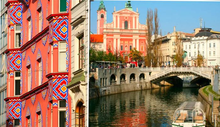 Ljubljana's charming pink buildings and river