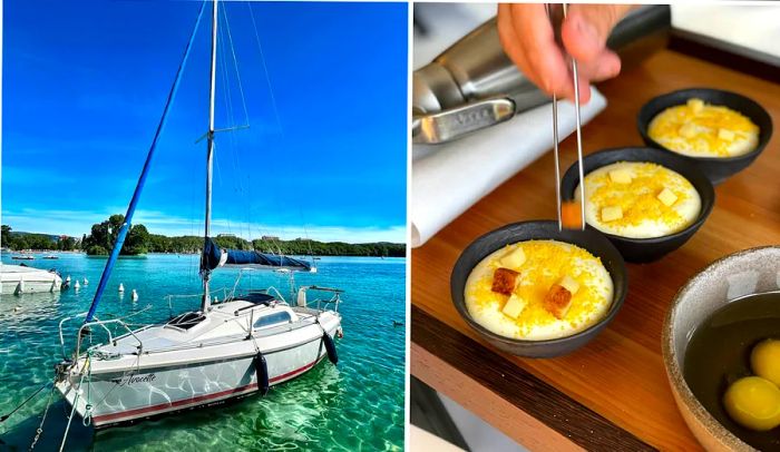 Left: Sailing on Lake Annecy, Right: Yolk Beaufort at Vincent Favre Felix Restaurant in Annecy