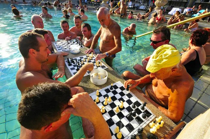 Visitors enjoying a game of chess outdoors at the Széchenyi Baths in Budapest.