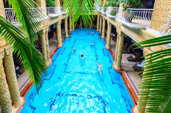 A vibrant scene at Gellért Baths in Budapest, showcasing swimmers enjoying a blue pool surrounded by lush greenery.