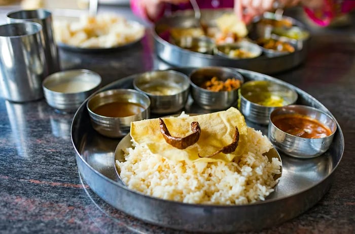 The national dish of Sri Lanka, rice and curry, served at a Jaffna restaurant.