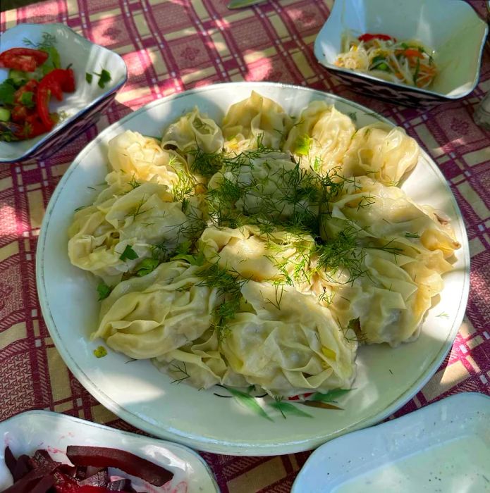 A dish of homemade dumplings from Uzbekistan.