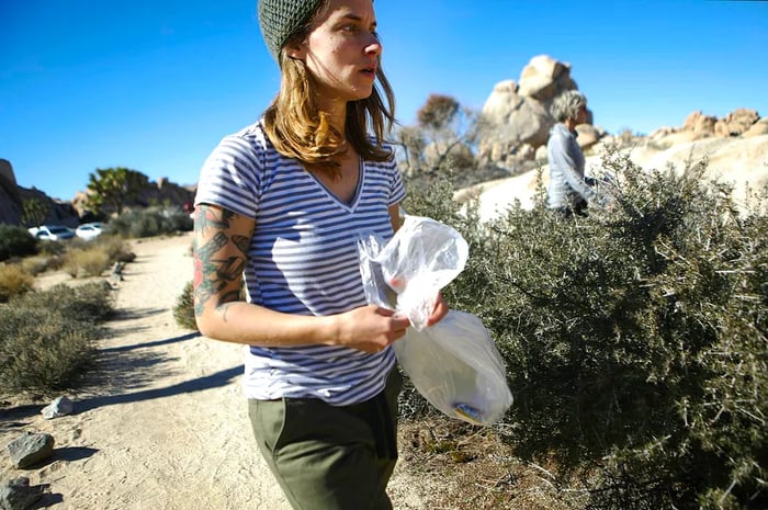 A volunteer wearing a striped shirt and knit cap collects “microtrash” in Joshua Tree National Park.