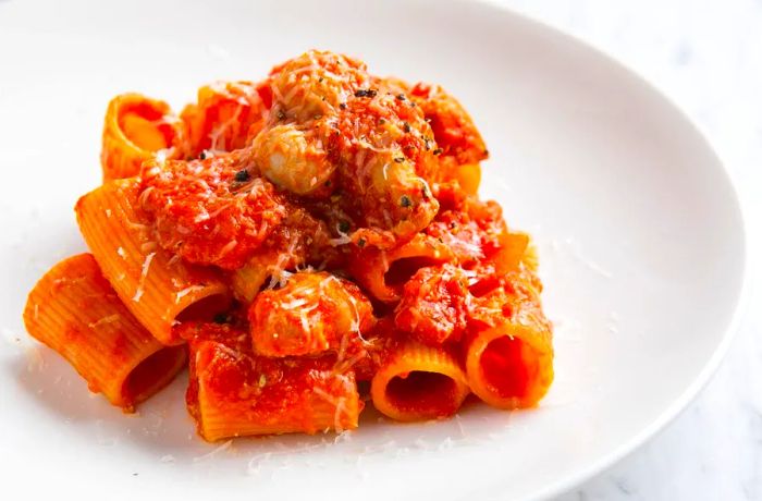 A plate adorned with a pile of rigatoni, smothered in sauce and meat.