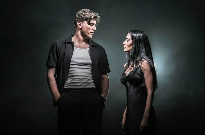 Tom Francis (Joe Gillis) and Nicole Scherzinger (Norma Desmond), stars of the upcoming Broadway show “Sunset Boulevard,” gaze at each other thoughtfully.